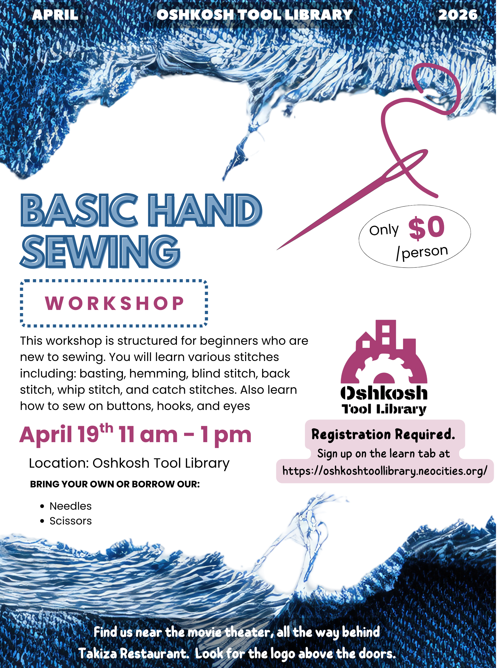 Poster of Oshkosh Tool Library Basic Hand Sewing Workshop Event Poster April 19th